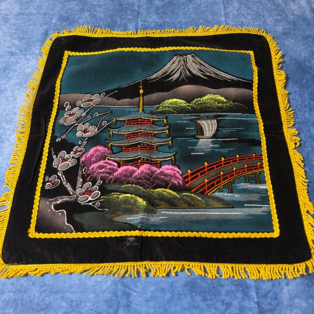 Vintage Japanese Velvet Tapestry Mt Fuji Pagoda Fringe Wall Hanging 18x18